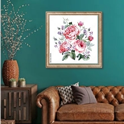 «Акварельный букет из розовых роз и фиолетовыми цветками» в интерьере гостиной с зеленой стеной над диваном