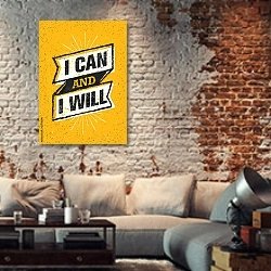 «I Can And I Will» в интерьере гостиной в стиле лофт с кирпичной стеной