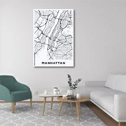 «Светлая карта Манхеттена» в интерьере гостиной в скандинавском стиле с зеленым креслом