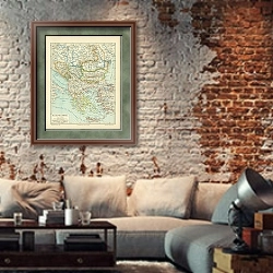 «Карта стран Балканского полуострова, конец 19 в.» в интерьере гостиной в стиле лофт с кирпичной стеной