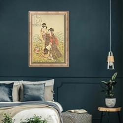 «Two Ladies, Edo Period» в интерьере классической спальни с темными стенами