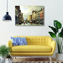 «Street Scene in New York» в интерьере современной гостиной с желтым диваном