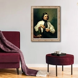 «Portrait of Armand Ono, known as The Man with the Pipe, 1843» в интерьере гостиной в бордовых тонах