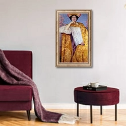 «Portrait of a Woman in a Golden Dress, painted in collaboration with Ernst Klimt Franz Matsch and his studio, 1886-87» в интерьере гостиной в бордовых тонах