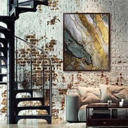 «Stone 19» в интерьере двухярусной гостиной в стиле лофт с кирпичной стеной