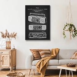 «Патент на касетный магнитофон Toshiba, 1990г» в интерьере гостиной в стиле ретро над диваном