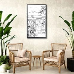 «Итальянские зарисовки ЧБ #3» в интерьере комнаты в стиле ретро с плетеными креслами