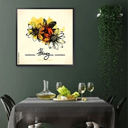 «Медовые цветы с желтой кляксой» в интерьере столовой в зеленых тонах