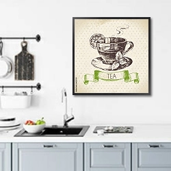 «Иллюстрация с чашкой чая» в интерьере кухни над мойкой