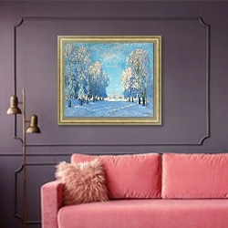 «A Winter's Day, 1934» в интерьере гостиной с розовым диваном