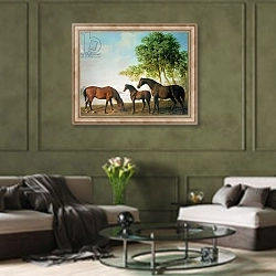 «Shafto Mares and a Foal» в интерьере гостиной в оливковых тонах