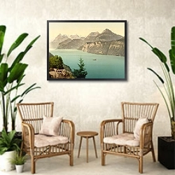 «Швейцария. Зеелисберг, гора Ури Ротшток» в интерьере комнаты в стиле ретро с плетеными креслами