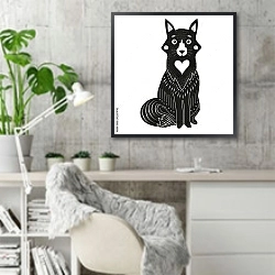 «Плакат с лесным животным в стиле Doodle с сердцем внутри» в интерьере кабинета в скандинавском стиле с бетонной стеной