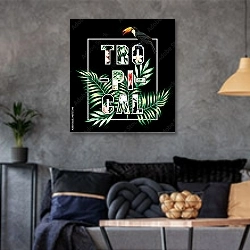 «Тропический плакат» в интерьере гостиной в стиле лофт в серых тонах