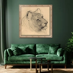 «Kop van een leeuwin» в интерьере зеленой гостиной над диваном