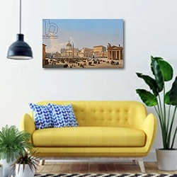 «Piazza San Pietro, Roma» в интерьере современной гостиной с желтым диваном