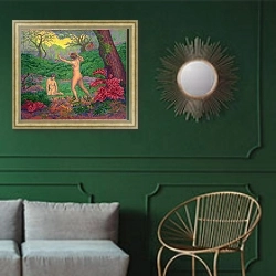 «The Faun and Spring, 1895» в интерьере классической гостиной с зеленой стеной над диваном