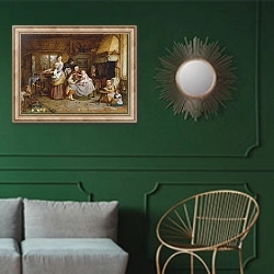 «Home 'Be it ever so Humble'» в интерьере классической гостиной с зеленой стеной над диваном