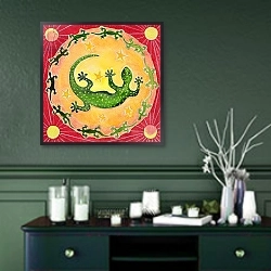 «Gecko, 1998» в интерьере прихожей в зеленых тонах над комодом