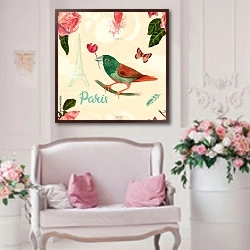 «Винтажная открытка с птицей, розами и бабочкой» в интерьере гостиной в стиле прованс над диваном
