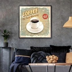 «Ретро плкат с чашкой кофе» в интерьере гостиной в стиле лофт в серых тонах