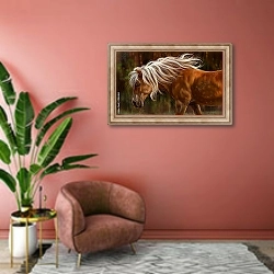 «Рыжая лошадь с белой гривой » в интерьере гостиной в оливковых тонах
