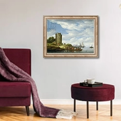 «River Estuary with Watchtower» в интерьере гостиной в бордовых тонах