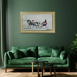 «Horse Drawn Sleigh» в интерьере зеленой гостиной над диваном