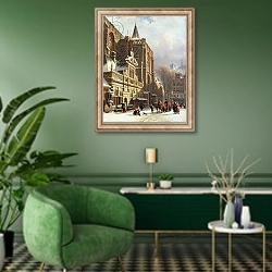 «View of the Hoofdwacht and the Grote Kerk, Zwolle» в интерьере гостиной в зеленых тонах