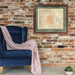 «Карта окресностей Вены» в интерьере в стиле лофт с кирпичной стеной и синим креслом