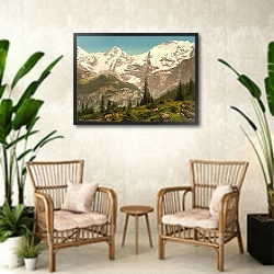 «Швейцария. Живописный вид, Грютшальп» в интерьере комнаты в стиле ретро с плетеными креслами