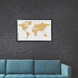 «Контурная карта мира бежевая» в интерьере в стиле лофт с черной кирпичной стеной
