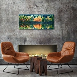 «Осенний пейзаж с отражением деревьев в воде» в интерьере современной гостиной в стиле лофт над камином