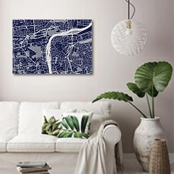 «План города Прага, Чехия, в темно-синем цвете» в интерьере светлой гостиной в скандинавском стиле над диваном
