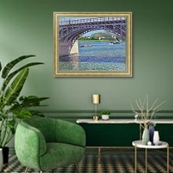 «The Bridge at Argenteuil and the Seine, c.1883» в интерьере гостиной в зеленых тонах