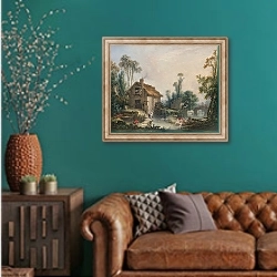 «Пейзаж с водяной мельницей» в интерьере гостиной с зеленой стеной над диваном
