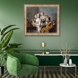 «The Sense of Hearing, c.1744-7» в интерьере гостиной в зеленых тонах