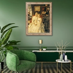 «All Happiness c.1880» в интерьере гостиной в зеленых тонах