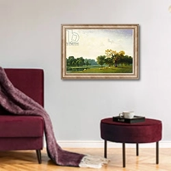 «A View of the Serpentine, 1815» в интерьере гостиной в бордовых тонах
