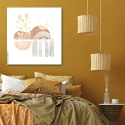 «Композиция с золотой ветвью 23» в интерьере спальни  в этническом стиле в желтых тонах