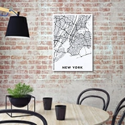 «Светлая карта Нью-Йорка» в интерьере кухни в стиле лофт с кирпичной стеной