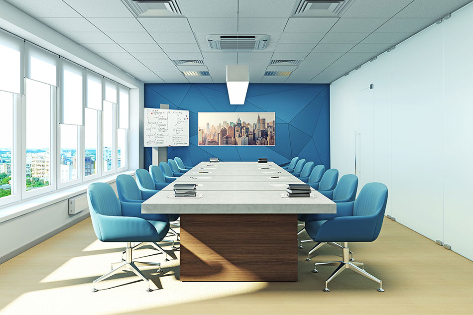 Панорама современного города в белой раме в современном офисе в голубых тонах