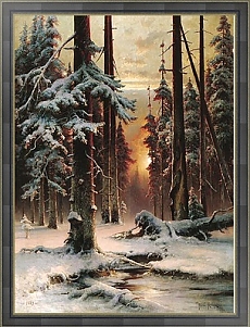 картина Юлия Клевера Зимний закат в еловом лесу. 1889