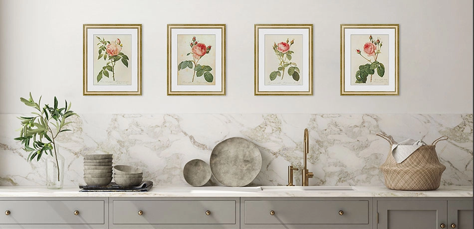 Серия гравюр с розами в рамах с паспарту в интерьере кухни