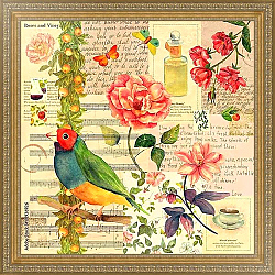 Постер Винтажный коллаж нотами, бабочками и птицами