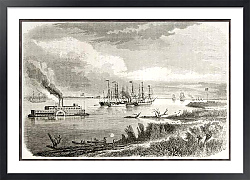 Постер Steamship and tug sailing down the Mississipi. Created by Berard after Reclus, published on Le Tour 