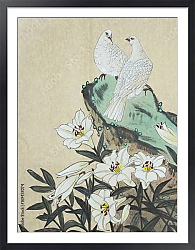 Постер Два белых голубя и белые лилии