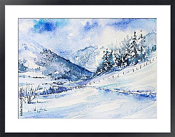Постер Зимние горы, пейзаж с деревьями и дорогой в долину.
