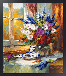 Постер Букет садовых цветов в вазе на окне