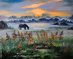 Постер Лошадь в туманном поле